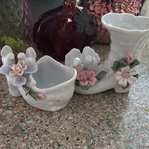 Floral Ceramic love birds Boot & trinkets dish